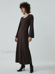 Caramel Flare Long Trendy Sleeve Knit Long Dress Brown / S Knit Dresses