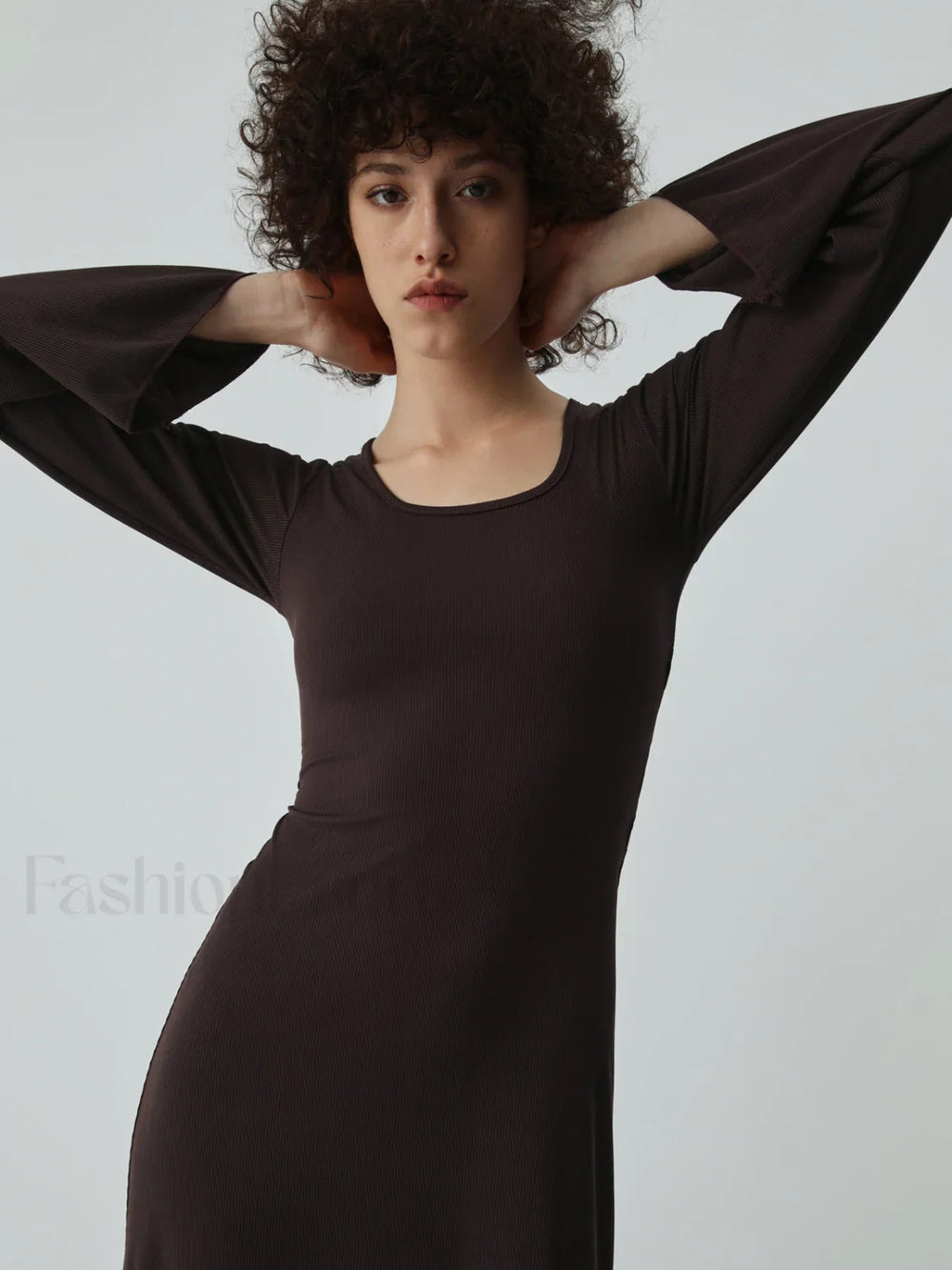 Caramel Flare Long Trendy Sleeve Knit Long Dress Knit Dresses