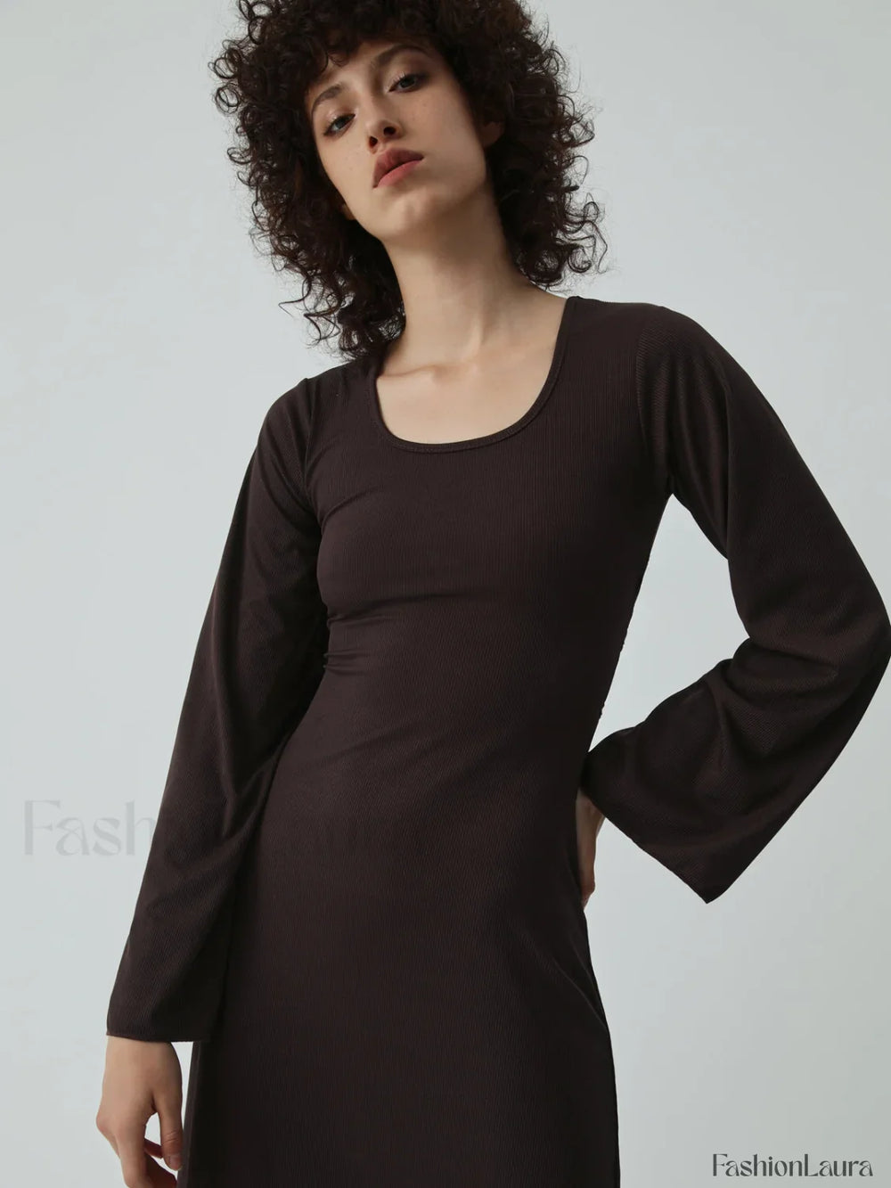 Caramel Flare Long Trendy Sleeve Knit Long Dress Knit Dresses