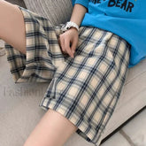 Casual Blue Plaid Loose Straight leg Short Blue plaid / S