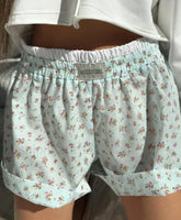 Casual Floral Patchwork Loose Mid Waisted Short Blue / S