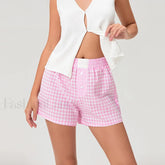 Casual Plaid Button Contrast Color Elastic Waist Summer Short Pink / S