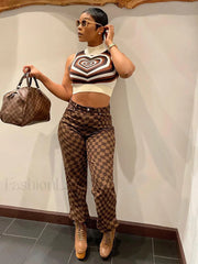 Casual Plaid Pants Brown / S Pants