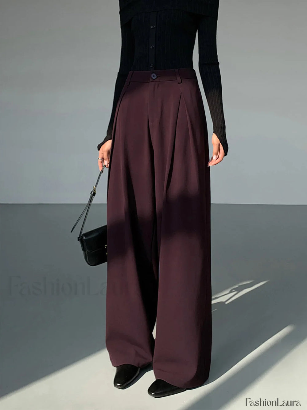 Casual Pleated Graceful Wide Leg Pants Burgundy / XS Pants