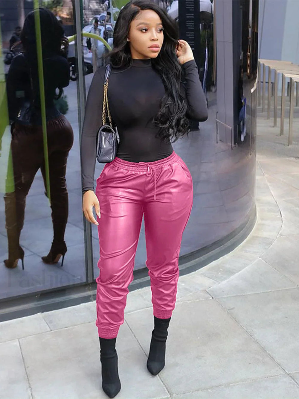 Casual Solid PU Pants Pink / M Pants