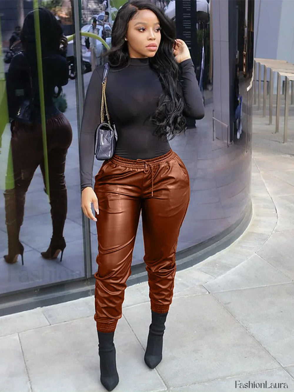 Casual Solid PU Pants Brown / M Pants