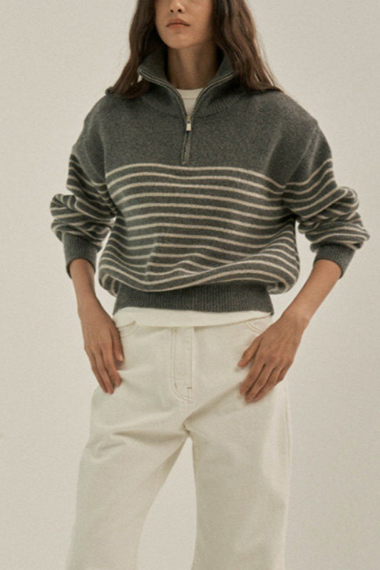 Striped Half Zip Knit Pullover Sweater Grey / One Size
