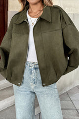 Lapel Collar Suede-Look Bomber Jacket S / Green