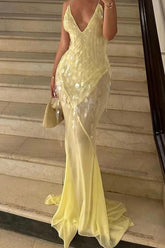 Sequin Mermaid V Neck Maxi Dress S / Yellow