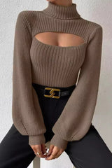 Sexy Hollow Out Turtleneck Sweater Khaki / XS