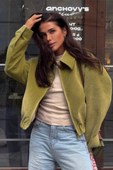 Cropped Suede Lapel Casual Jacket S / Green