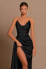 Satin Deep V Corset Slit Formal Dress