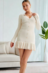 Pearl Button Ruffled Collar Knit Sweater Dress