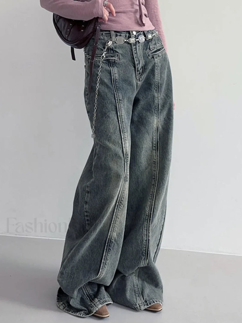 Center Stripe Wide Trendy Leg Jeans Without Belt Jeans