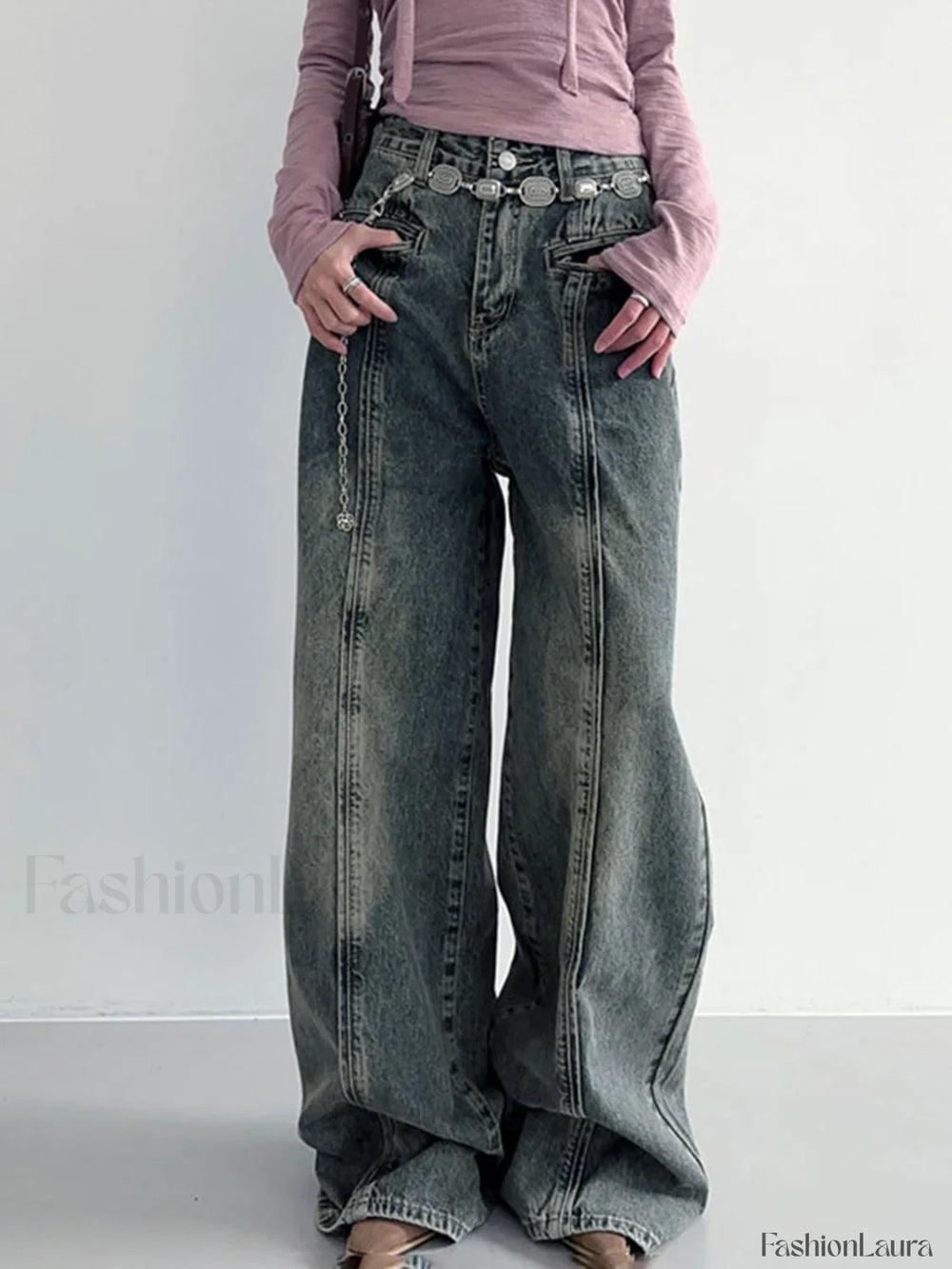 Center Stripe Wide Trendy Leg Jeans Without Belt Jeans