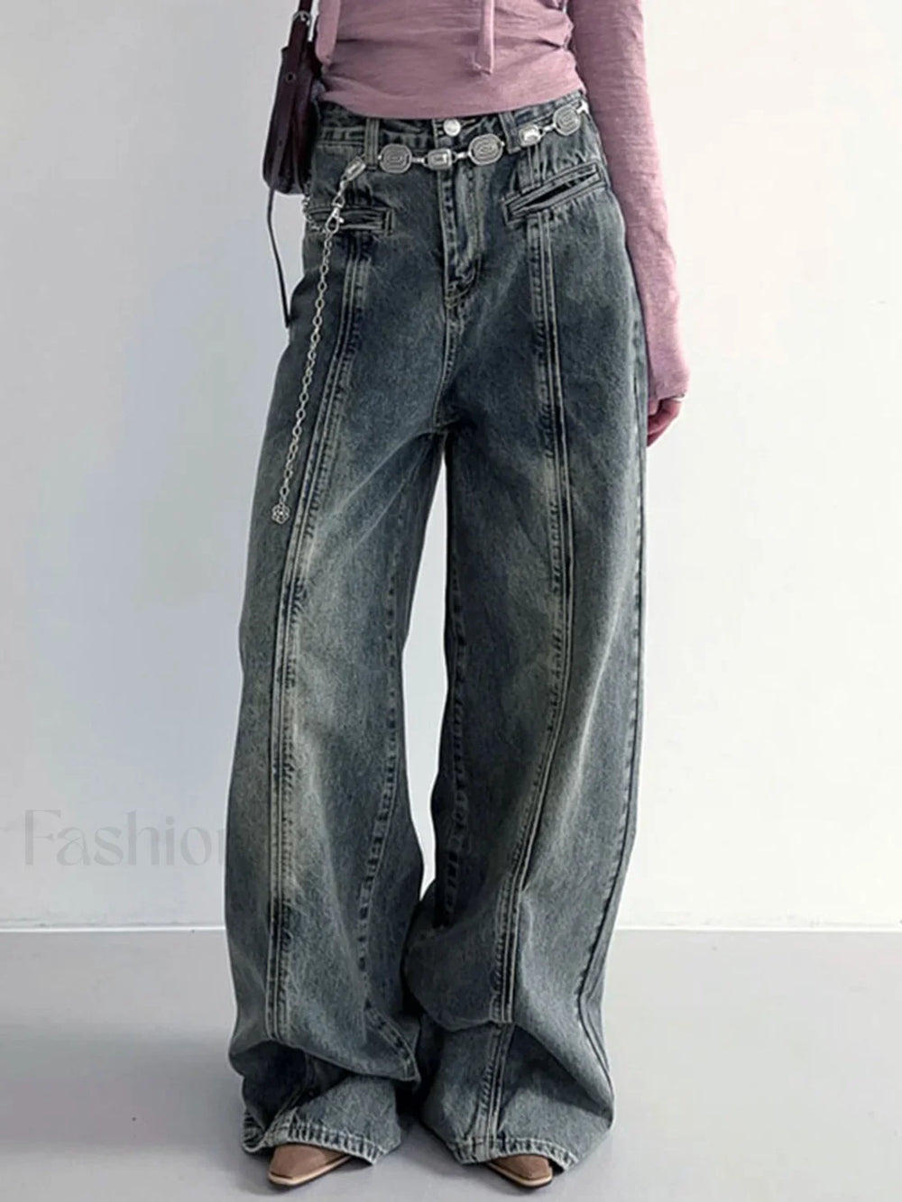 Center Stripe Wide Trendy Leg Jeans Without Belt Jeans