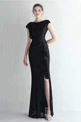 Glitter High Neck Mermaid Slit Formal Dress Black / S