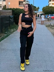 Chain Cut Out Rib Knit Asymmetrical Crop Top