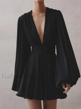 Chiffon Low Cut V neck Modern Pleated Zip Mini Dress Black / XS Dresses