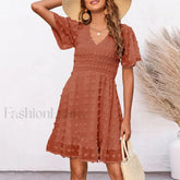Chiffon Smocked Fur Ball Point Short Sleeve Holiday Beach A line 2024 Summer Female Sun Mini Dress