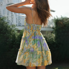 Chiffon Strappy Ruffled Floral Dress