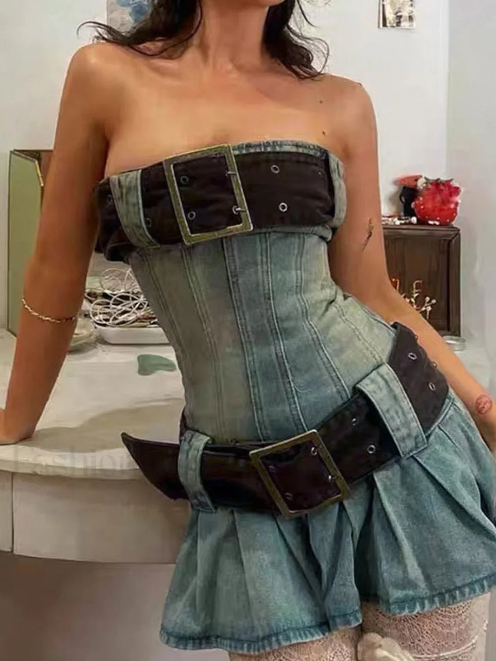 Chunky Belted Strapless Denim Mini Dress Blue / S Mini Dresses