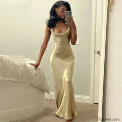 Classy Cowl Neck Tie String Silky Slip Maxi Dress Champagne Party Dresses L