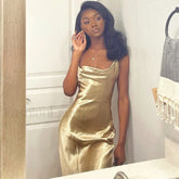 Classy Cowl Neck Tie String Silky Slip Maxi Dress Champagne S / Champane Party Dresses L