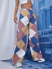 Color Block Argyle Print Wide Leg Jeans Jeans