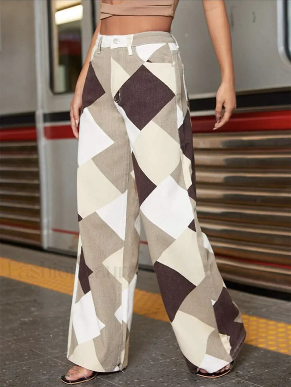 Color Block Argyle Print Wide Leg Jeans Jeans