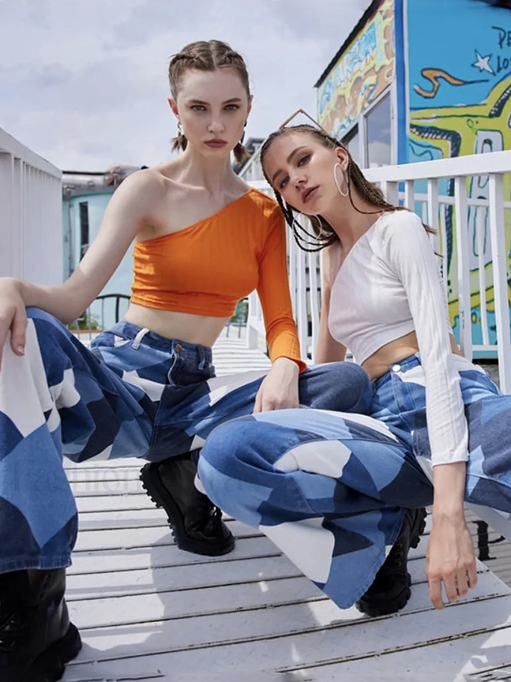 Color Block Argyle Print Wide Leg Jeans Jeans