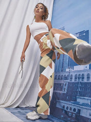 Color Block Argyle Print Wide Leg Jeans Green / M Jeans