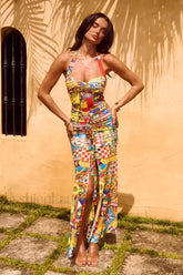 Color Block Neck Split Party Style Floral Dress Yellow / S