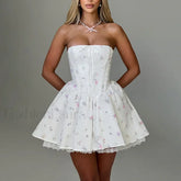 Colorblock Strapless A Line Floral Dress WHITE / S