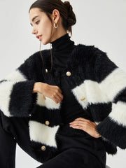 Colorblock Striped Graceful Fuzzy Button Cardigan Sweaters L
