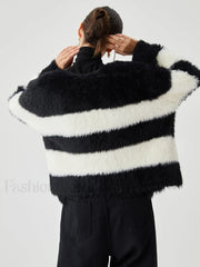 Colorblock Striped Graceful Fuzzy Button Cardigan Sweaters L