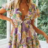 Colorful Patchwork Mini Floral Dress PURPLE / S