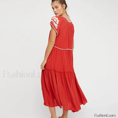 Colorful Tassel Short Boho Dress Red / S