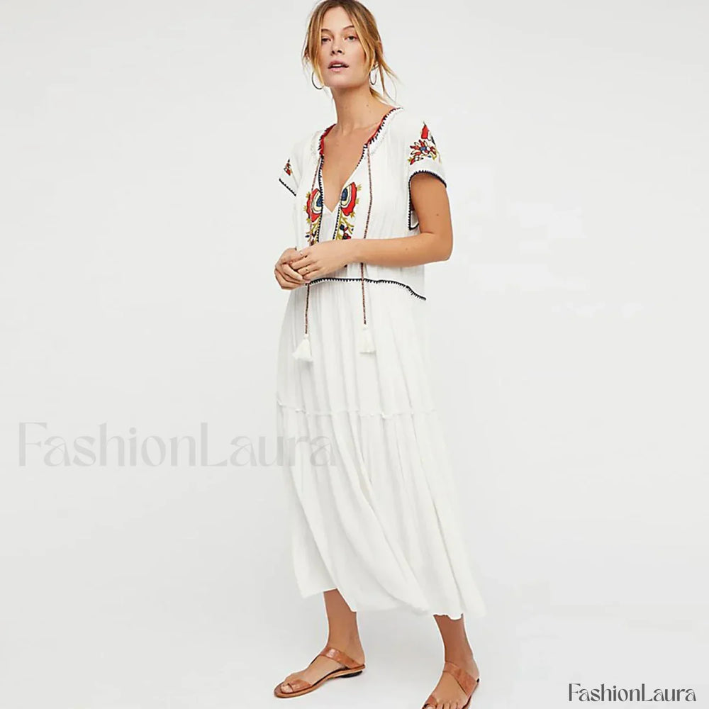 Colorful Tassel Short Boho Dress WHITE / S