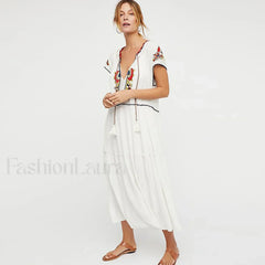 Colorful Tassel Short Boho Dress WHITE / S