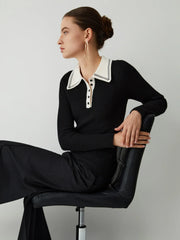 Contrast Collar Quarter Button Modern Long Sleeve Knit Top Sweaters L