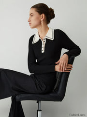 Contrast Collar Quarter Button Modern Long Sleeve Knit Top Sweaters L