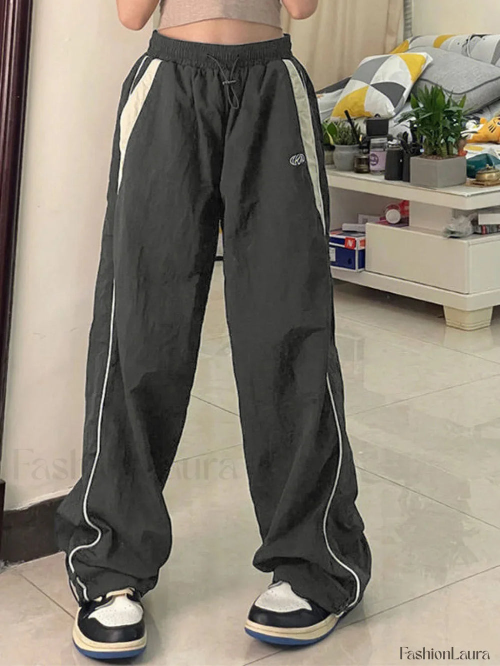 Contrast Piping Black Baggy Sweatpants Wide Leg Pants