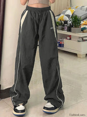 Contrast Piping Black Baggy Sweatpants Wide Leg Pants