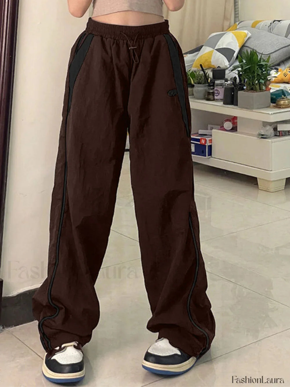 Contrast Piping Black Baggy Sweatpants Wide Leg Pants