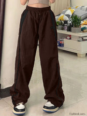 Contrast Piping Black Baggy Sweatpants Wide Leg Pants