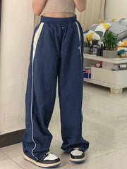 Contrast Piping Black Baggy Sweatpants Wide Leg Pants