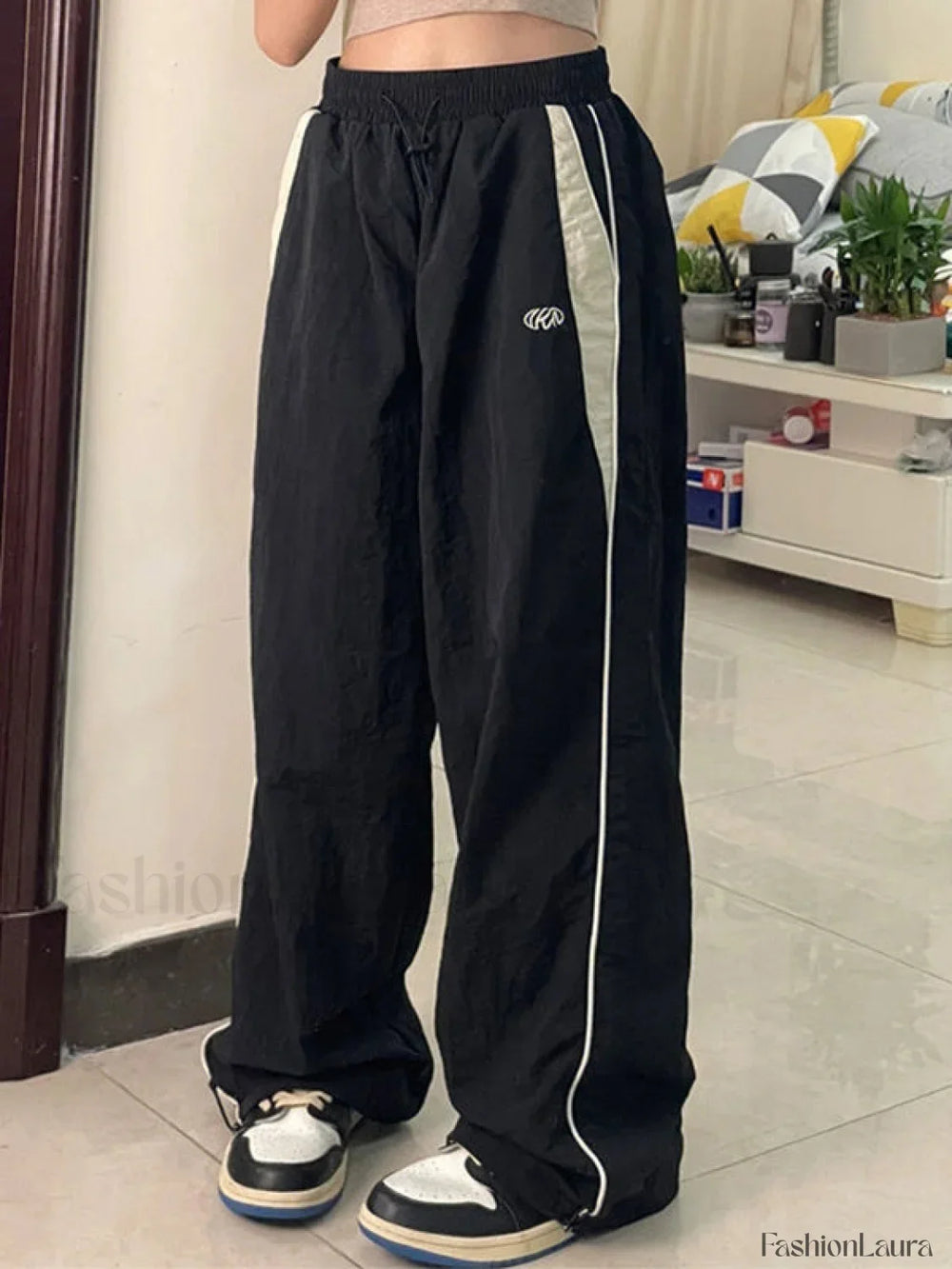 Contrast Piping Black Baggy Sweatpants Wide Leg Pants