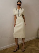 Contrast Trim Collared Rib Modern Knit Short Sleeve Midi Dress Apricot / XS Sweaters L