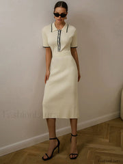 Contrast Trim Collared Rib Modern Knit Short Sleeve Midi Dress Apricot / XS Sweaters L